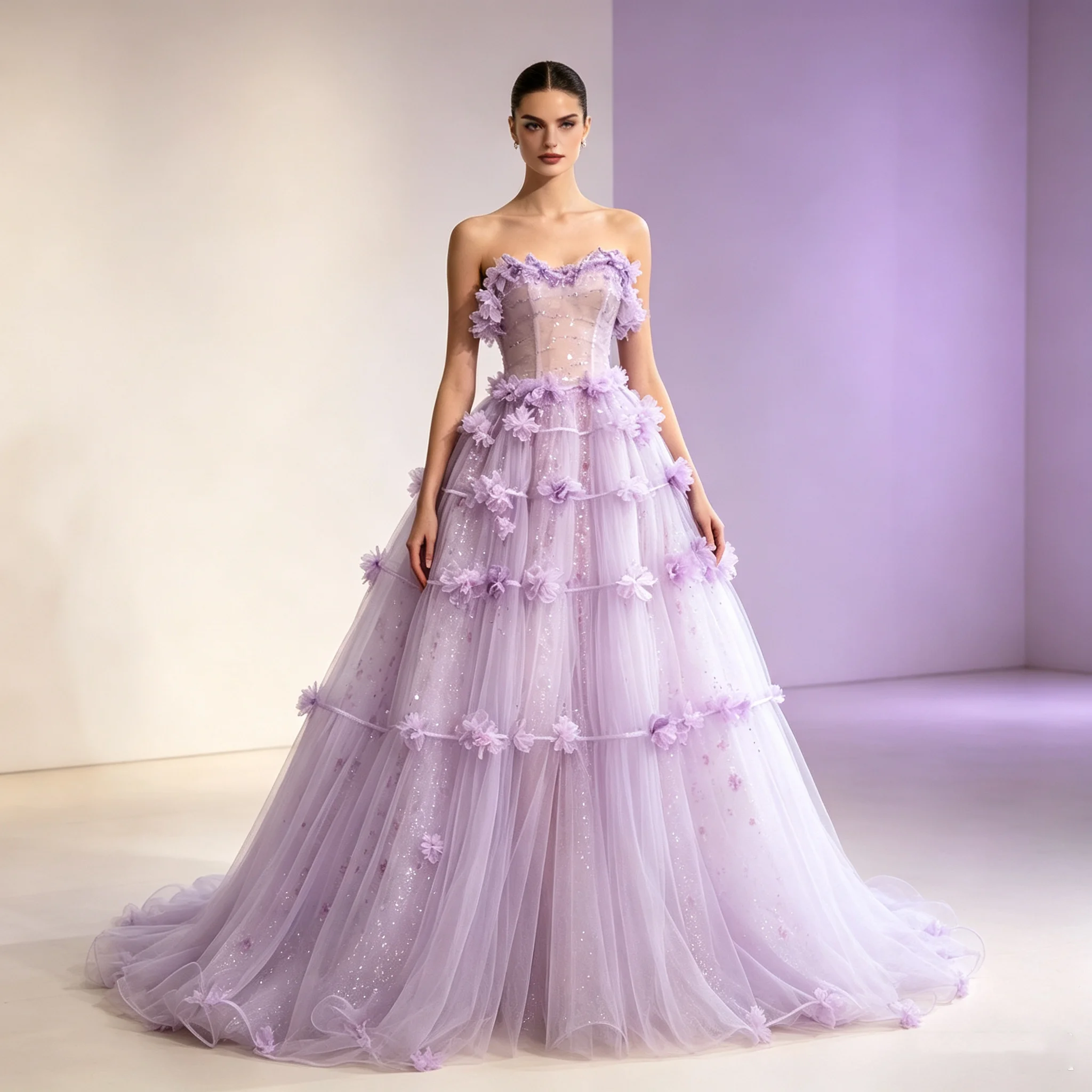 Lilac Sheer Glitter Tulle Ball Gown Strapless Sweetheart Corset Bodice Floral Tiered Ruffle Floor Length Princess Wedding Dre