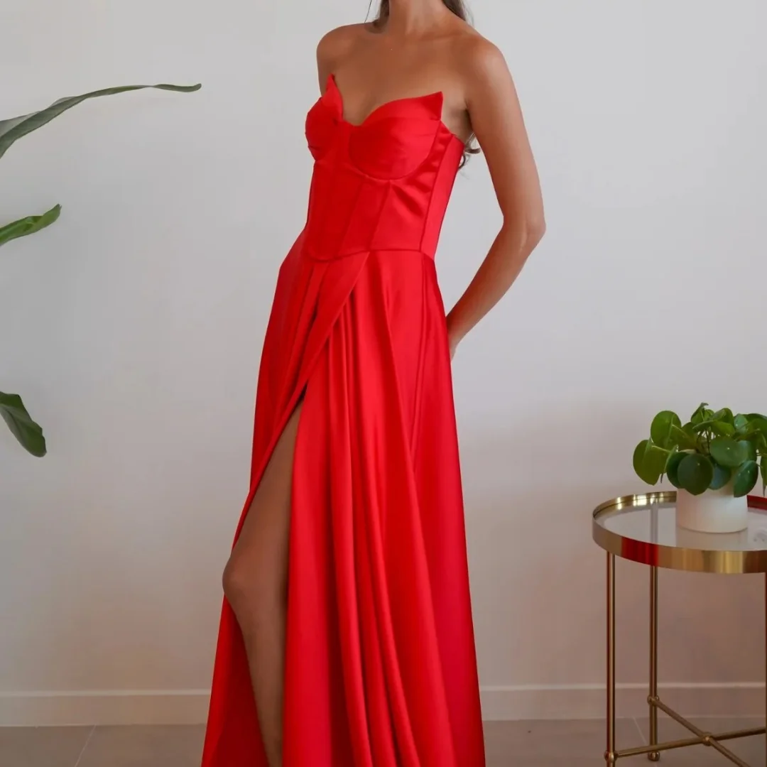Red Strapless Corset Satin Long Gown robes de soirée High Slit Elegant Party Dresses - Image 2