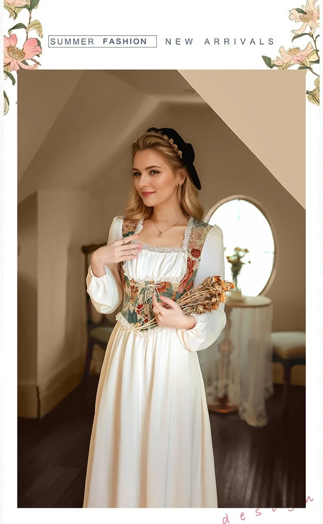 Elegant Cottage Style Princess Dresses Woman Vintage Chic Painting Corset Dress - Image 7