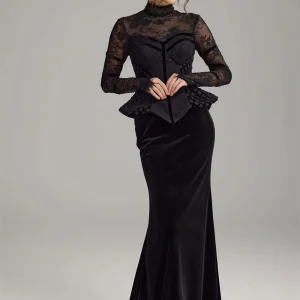 dress prom dress formal gown wedding guest dress Elegant Highneck Lace Long Sleeve Corset