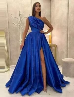 Satin One Shoulder Pleated Corset Prom Dresses Sleeveless Backless Ruched Evening Gowns A-line Long Formal Ball Gowns
