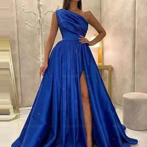 Satin One Shoulder Pleated Corset Prom Dresses Sleeveless Backless Ruched Evening Gowns A-line Long Formal Ball Gowns