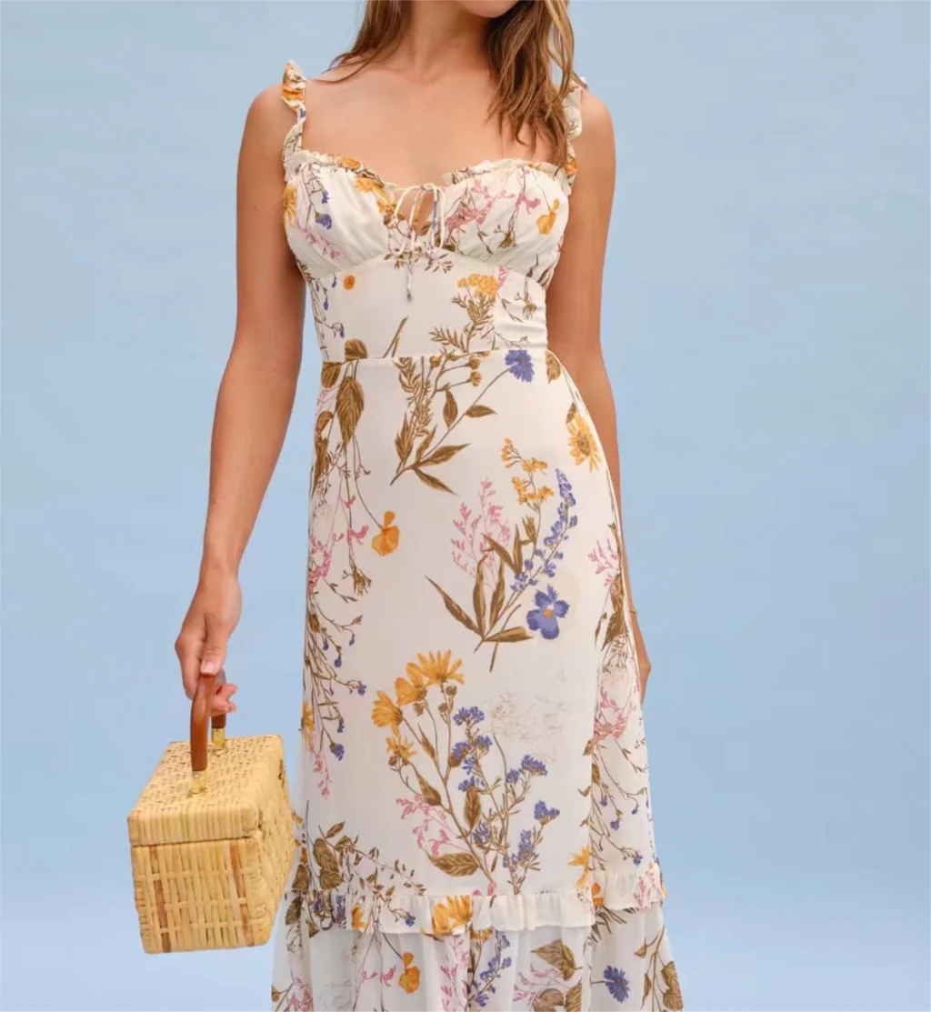 Women Slit Bra Corset Purple Floral Print Double Wood Ears Strap Dress Chiffon Spliced Ruffle Hem Cake Mini Holiday Robe - Image 24