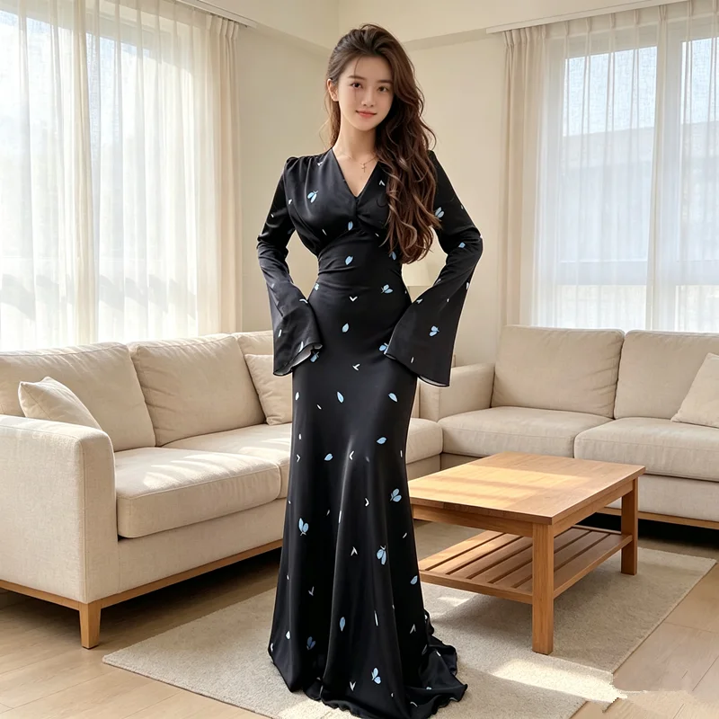 Floral Print Corset Party Evening Long Dress V Neck Ruched Waist Glossy Satin Swing Mermaid Guest Cocktail Maxi Dress - Image 2