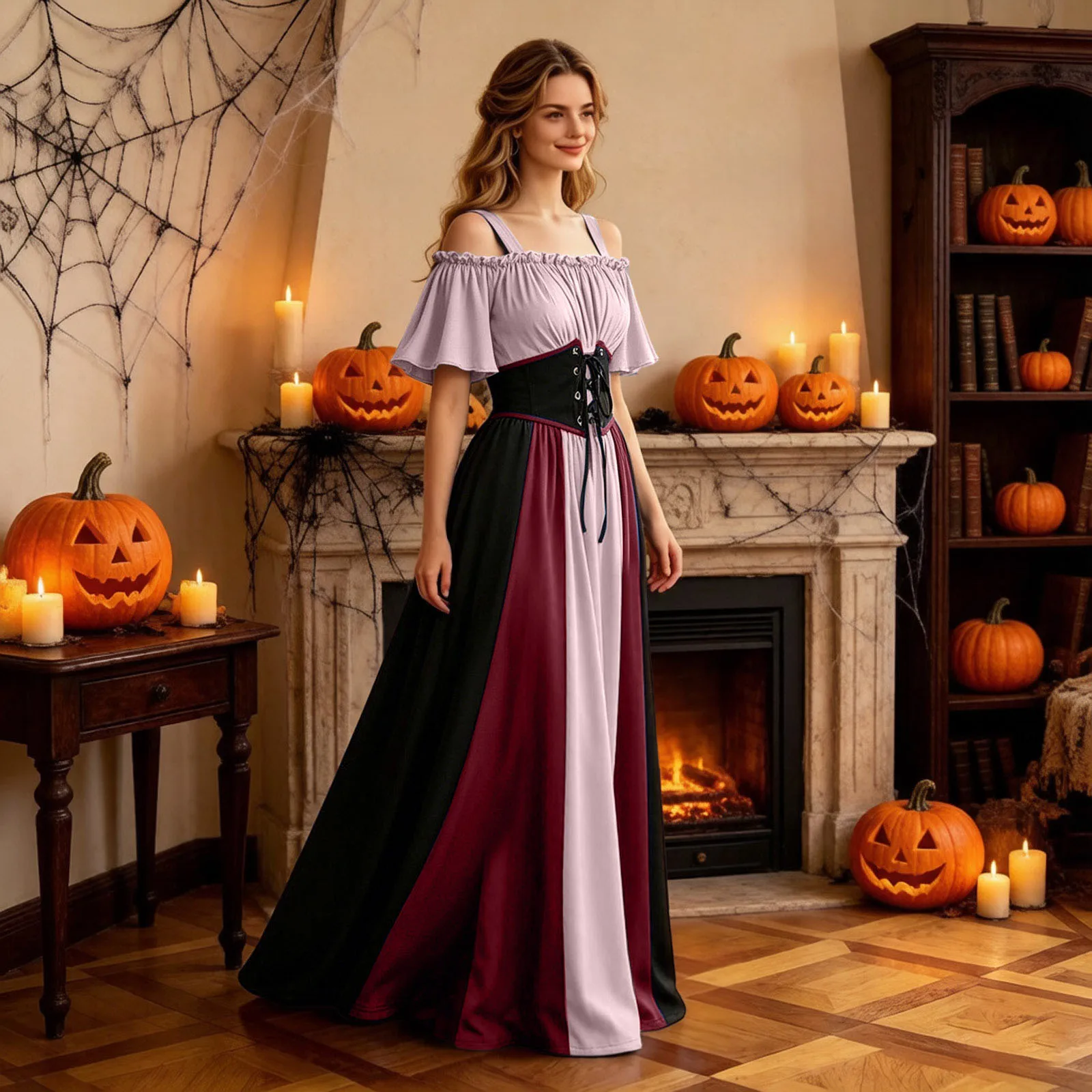 Women Medieval Renaissance Gothic Maxi Dress Off Shoulder Short Sleeve Lace Up Corset Waist Party Gown Halloween Cosplay Costume
