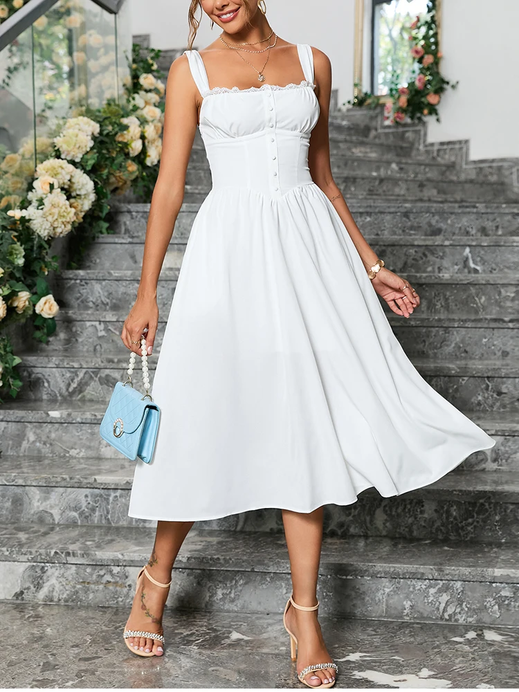 White Corset Dress Women's Square Neck Back Lace Up Flowy A-Line Midi Dress - Image 5