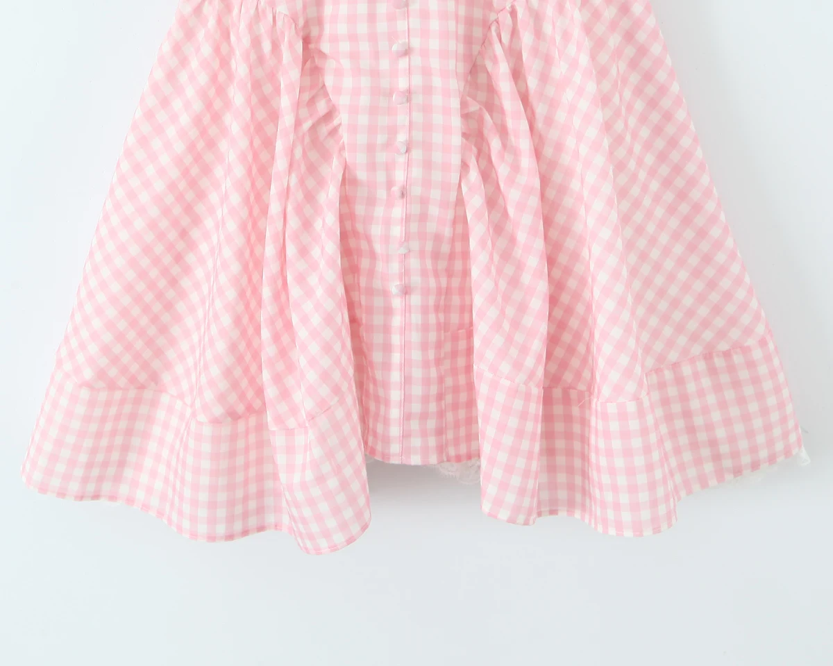 Pink Plaid Spliced White Lace Corset Style Mini Dress Women V Collar Short Sleeve Low Waist Ball Gown Swing Party Robe - Image 14