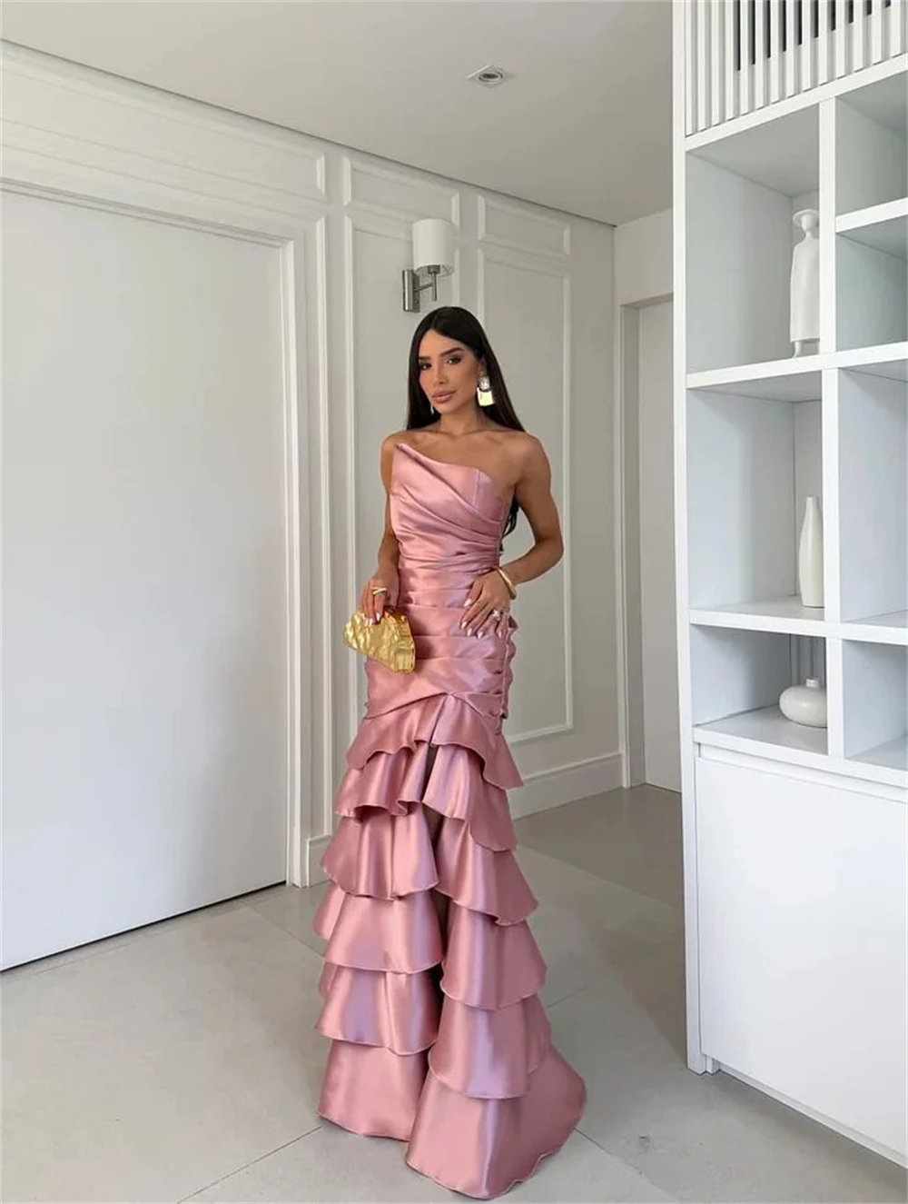 Pink Tiered Ruffle Mermaid Corset Evening Dress Sleeveless Strapless Floor-Length Silk Evening Gown for Formal Occasions - Image 4