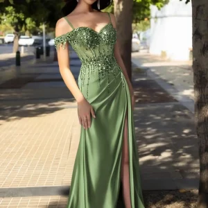 Sparkly Beaded Off Shoulder Mermaid Prom Dresses Satin Corset Evening Gown Sequin Beaded Formal Dress with Slit