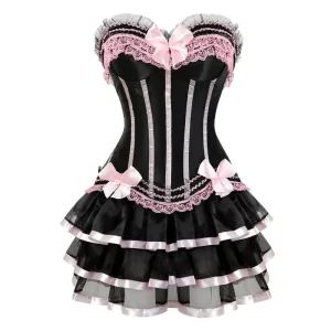 Sapubonva Corsets Dress with Skirt Costumes Vintage Striped Floral Lace