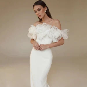 Floral Mermaid Wedding Dress with Off-the-Shoulder Sleeves & Open Back