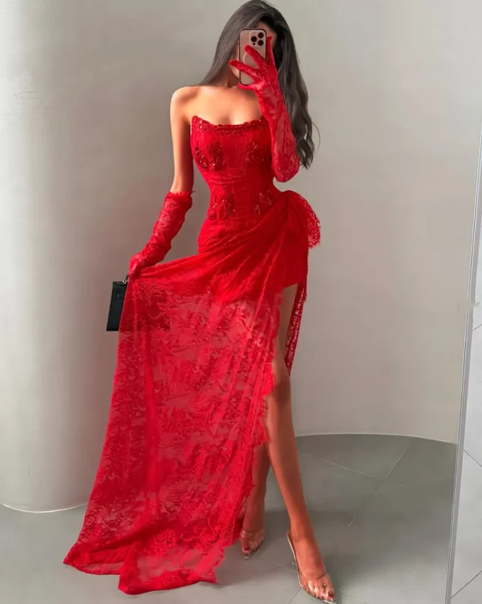 Red Lace Formal Evening Dress Strapless Corset Arabic Birthday Dress for Women Asymmetric Party Prom Dress - Image 6