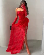 Red Lace Formal Evening Dress Strapless Corset Arabic Birthday Dress for Women Asymmetric Party Prom Dress