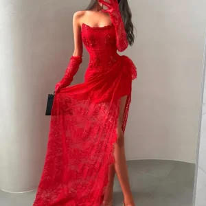 Red Lace Formal Evening Dress Strapless Corset Arabic Birthday Dress for Women Asymmetric Party Prom Dress