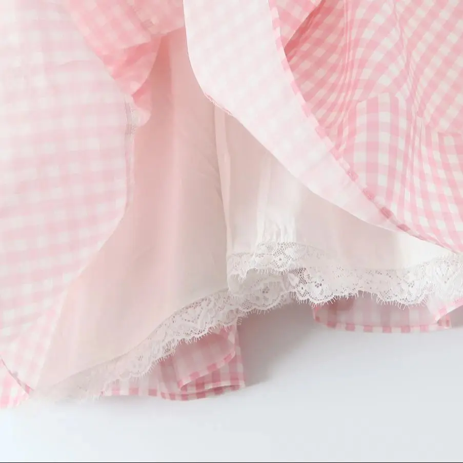 Pink Plaid Spliced White Lace Corset Style Mini Dress Women V Collar Short Sleeve Low Waist Ball Gown Swing Party Robe - Image 6
