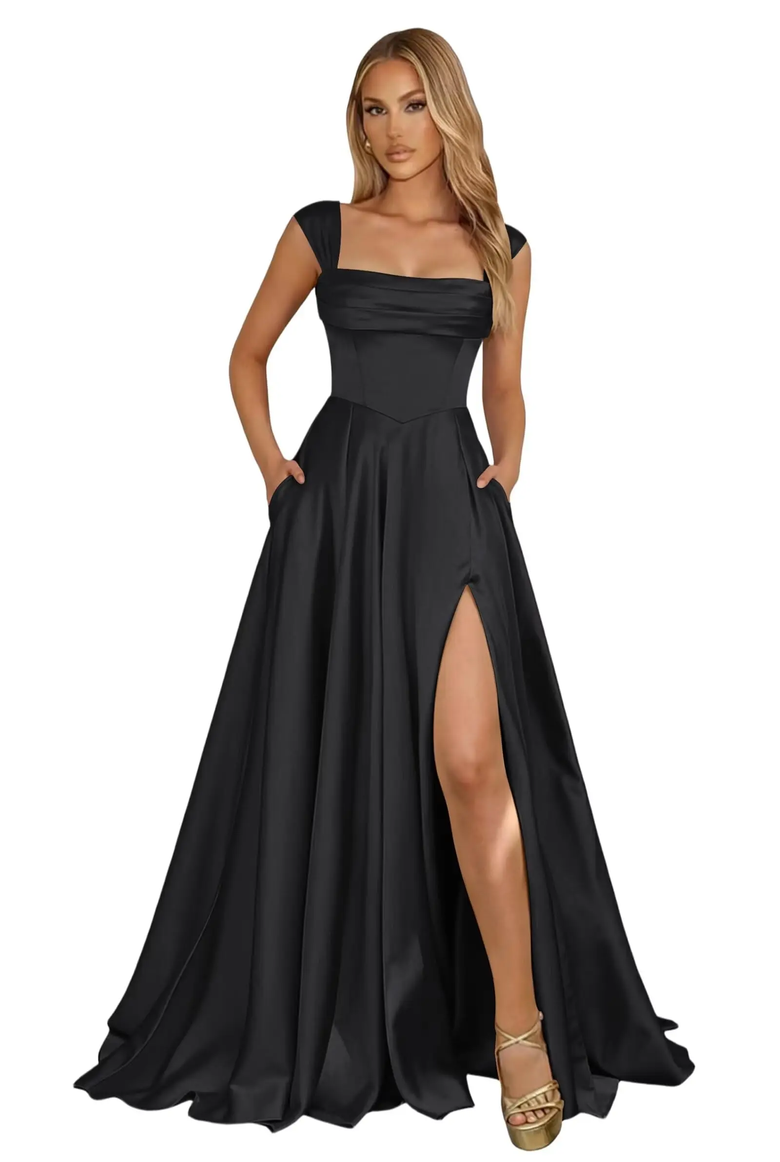 Corset Satin Square Neck Prom Dresses for Women Corset Ruched Formal Evening Party Gowns with Slit - Image 19