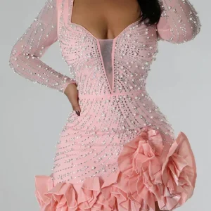 Dresses Beading Diamond Long Sleeves Ruffles for women Shiny Elegant Wedding
