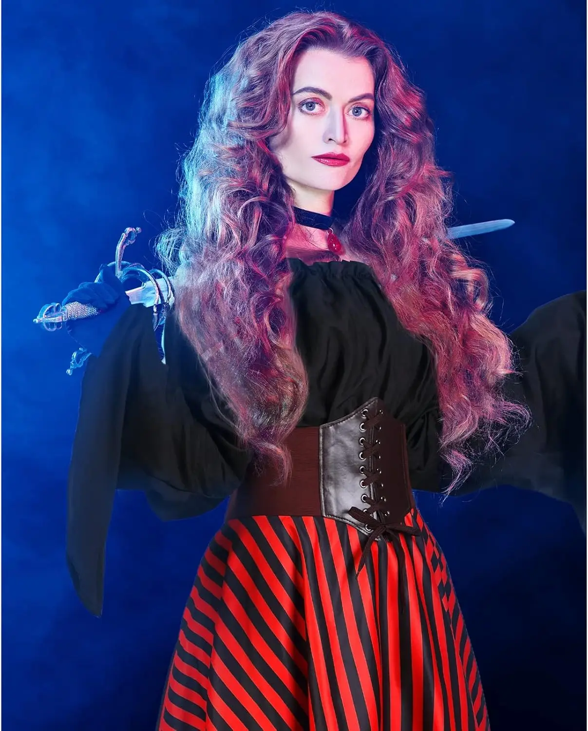 Halloween Womens Pirate Costume Renaissance Pirate Blouse Tops Corset Waist Belt Pirate Skirt for Halloween Party 4 Pcs - Image 12