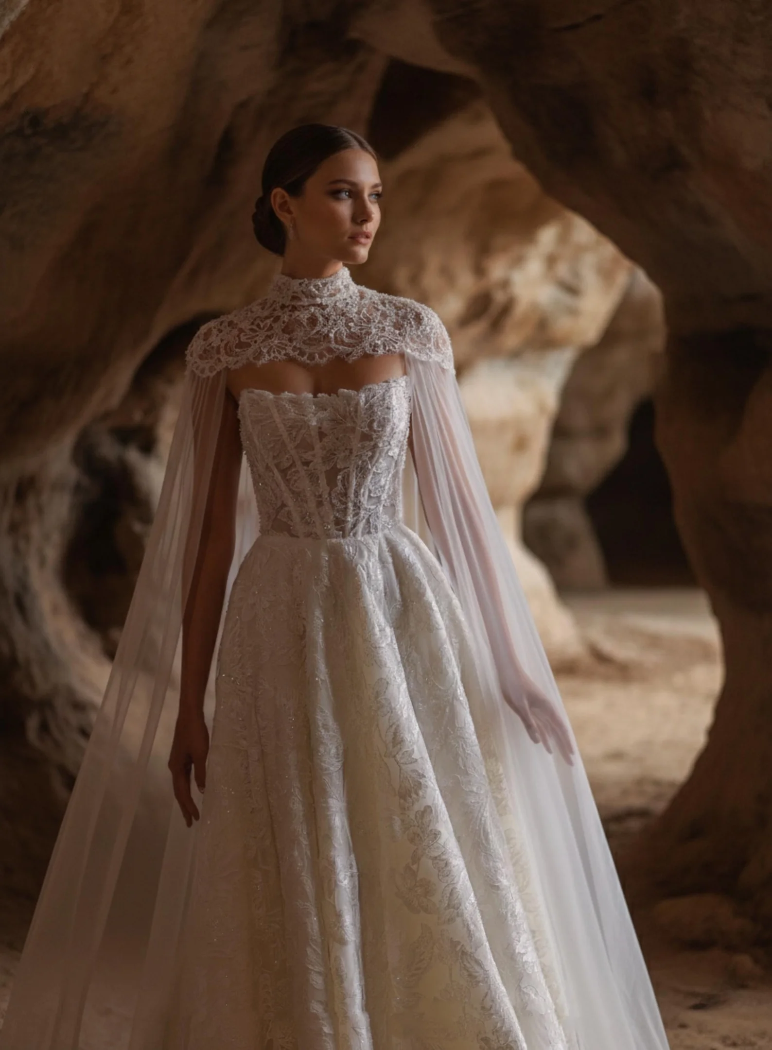 Gorgeous Lace High Neck Wedding Dress with Detachable Cloak A-Line Silhouette Floor-Length Tulle Bride Gown with Cap Sleeves - Image 5