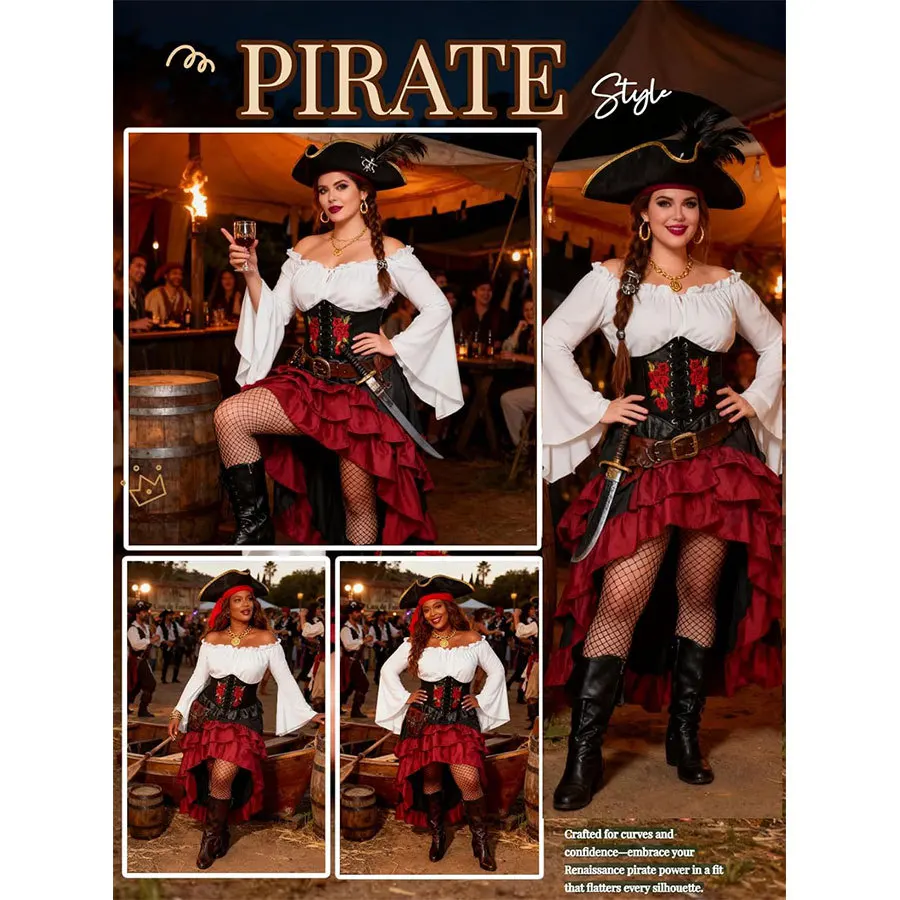 Pirate Captain Costume - Retro Embroidered Corset & Ruffled Layered Skirt Set - Sexy Buccaneer Wench Outfit for - Image 17