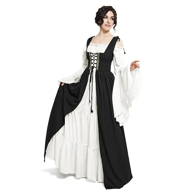 Medieval Court Style Long Sleeve Corset Dress with Off-Shoulder Batwing Sleeves and Flared Long Skirt - Image 15