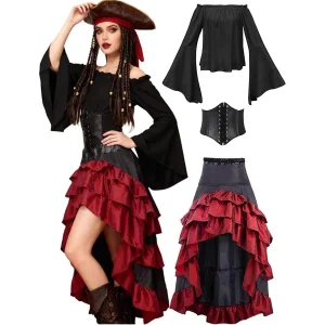 Pirate Captain Costume - Retro Embroidered Corset & Ruffled Layered Skirt Set - Sexy Buccaneer Wench Outfit for