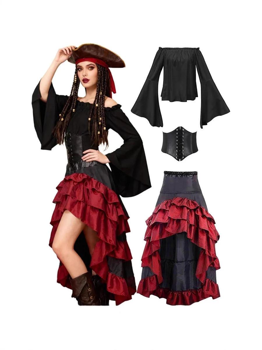 Pirate Captain Costume - Retro Embroidered Corset & Ruffled Layered Skirt Set - Sexy Buccaneer Wench Outfit for