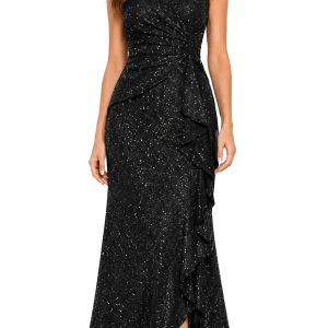 Women's Sparkly Glitter Sleeveless V Neck Maxi Dress, Twist Waist Ruffle Split Mermaid Formal Evening Gown, Wrap Ruched Wedding Guest Cocktail Party Prom Long Dress