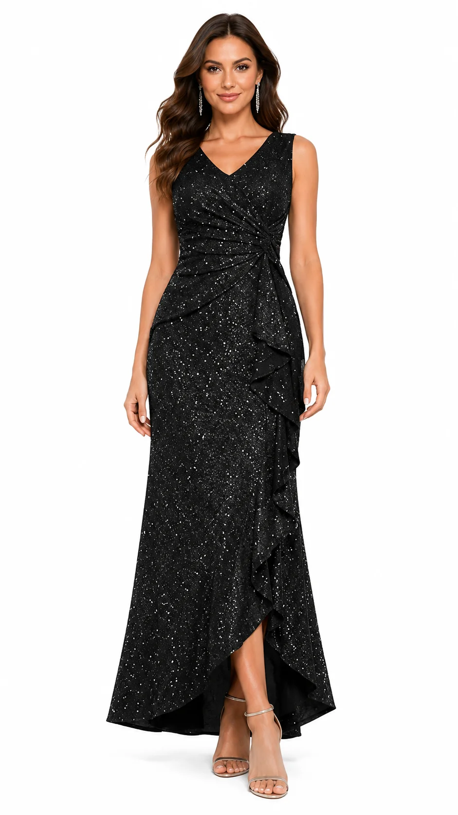 Women's Sparkly Glitter Sleeveless V Neck Maxi Dress, Twist Waist Ruffle Split Mermaid Formal Evening Gown, Wrap Ruched Wedding Guest Cocktail Party Prom Long Dress