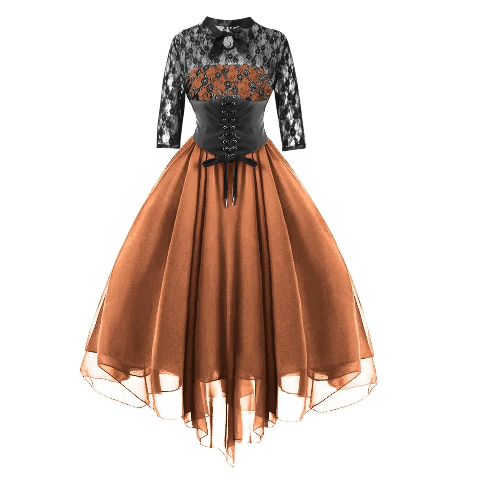 Women's Gothic Dress Sexy Lace Patchwork Half Sleeve Mesh High Waist Party Dresses Retro Lace Up Swing Cocktail Dress Ball Gown - Image 10