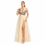Prom Dresses Long Tulle Formal Evening Gown, Backless Bow Slit Maxi Dress