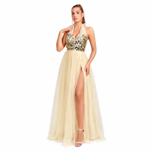 Prom Dresses Long Tulle Formal Evening Gown, Backless Bow Slit Maxi Dress