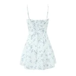 White With Flower Ruched Corset Style Sling Dress Cross Bandage Lacing Up Bow Back Slim Waist Mini Party Robe