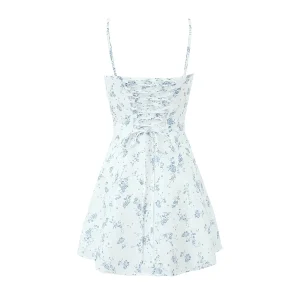 White With Flower Ruched Corset Style Sling Dress Cross Bandage Lacing Up Bow Back Slim Waist Mini Party Robe