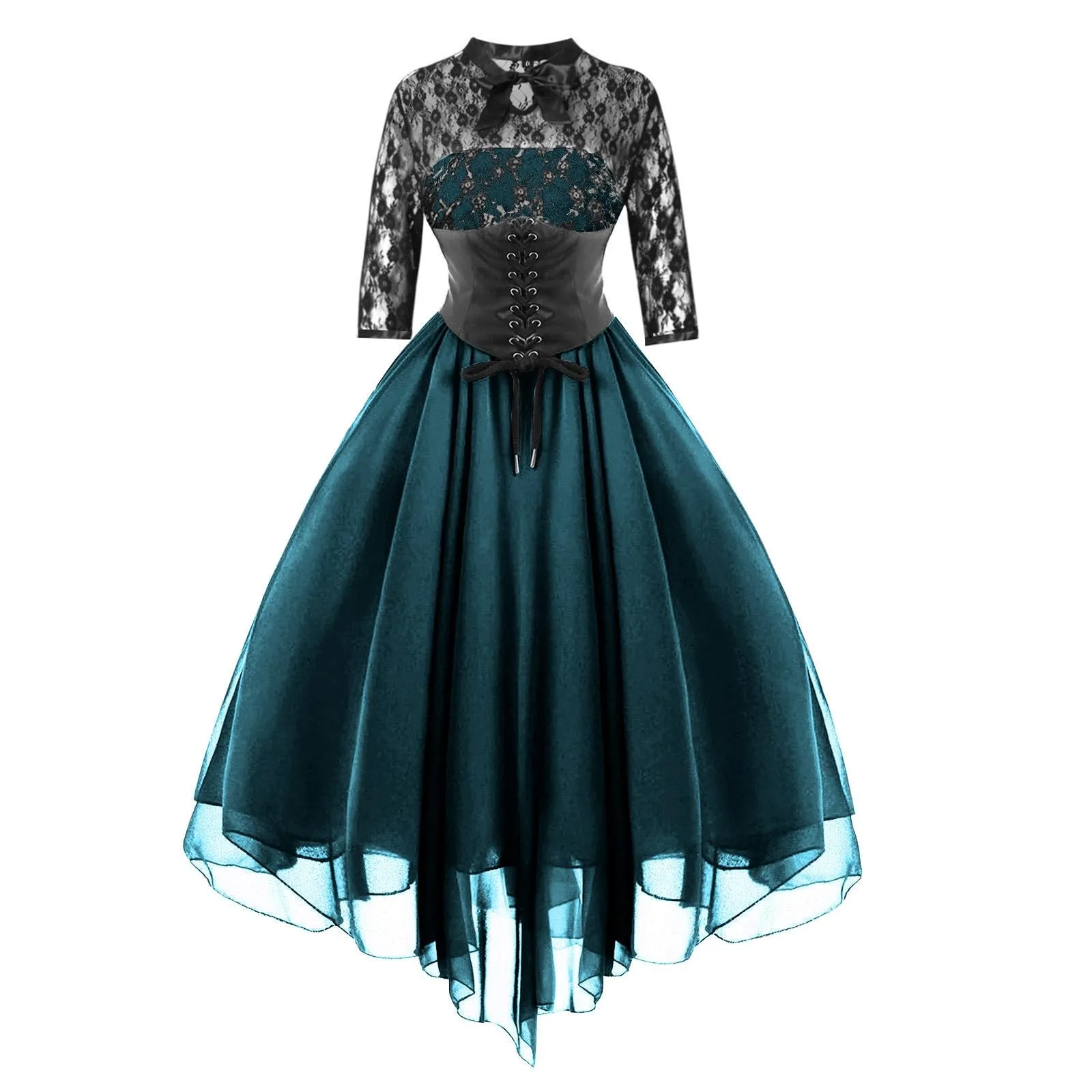 Women's Gothic Dress Sexy Lace Patchwork Half Sleeve Mesh High Waist Party Dresses Retro Lace Up Swing Cocktail Dress Ball Gown - Image 3