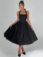 A-line Club Midi Dress Women Fashion Elegant Square Collar Sleeveless High Waist