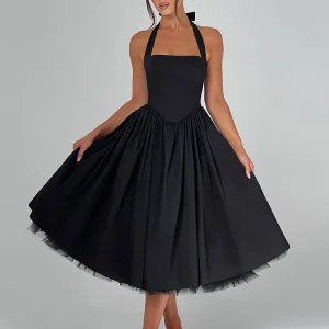A-line Club Midi Dress Women Fashion Elegant Square Collar Sleeveless High Waist