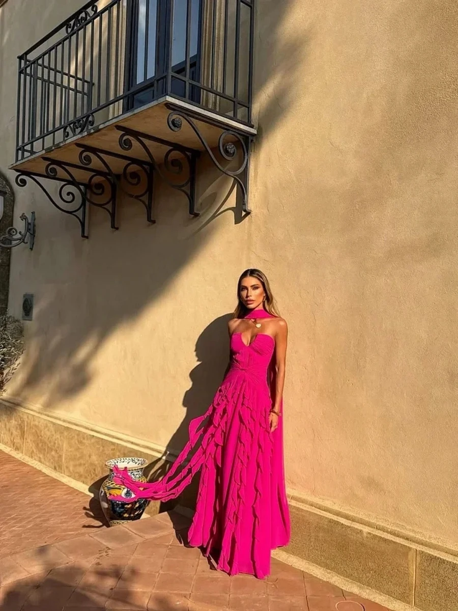Long Train Evening Gown Sweetheart Multi Layer Ruffle Chiffon Maxi Dress Sexy Backless Flowing Ribbon Prom Dress - Image 3