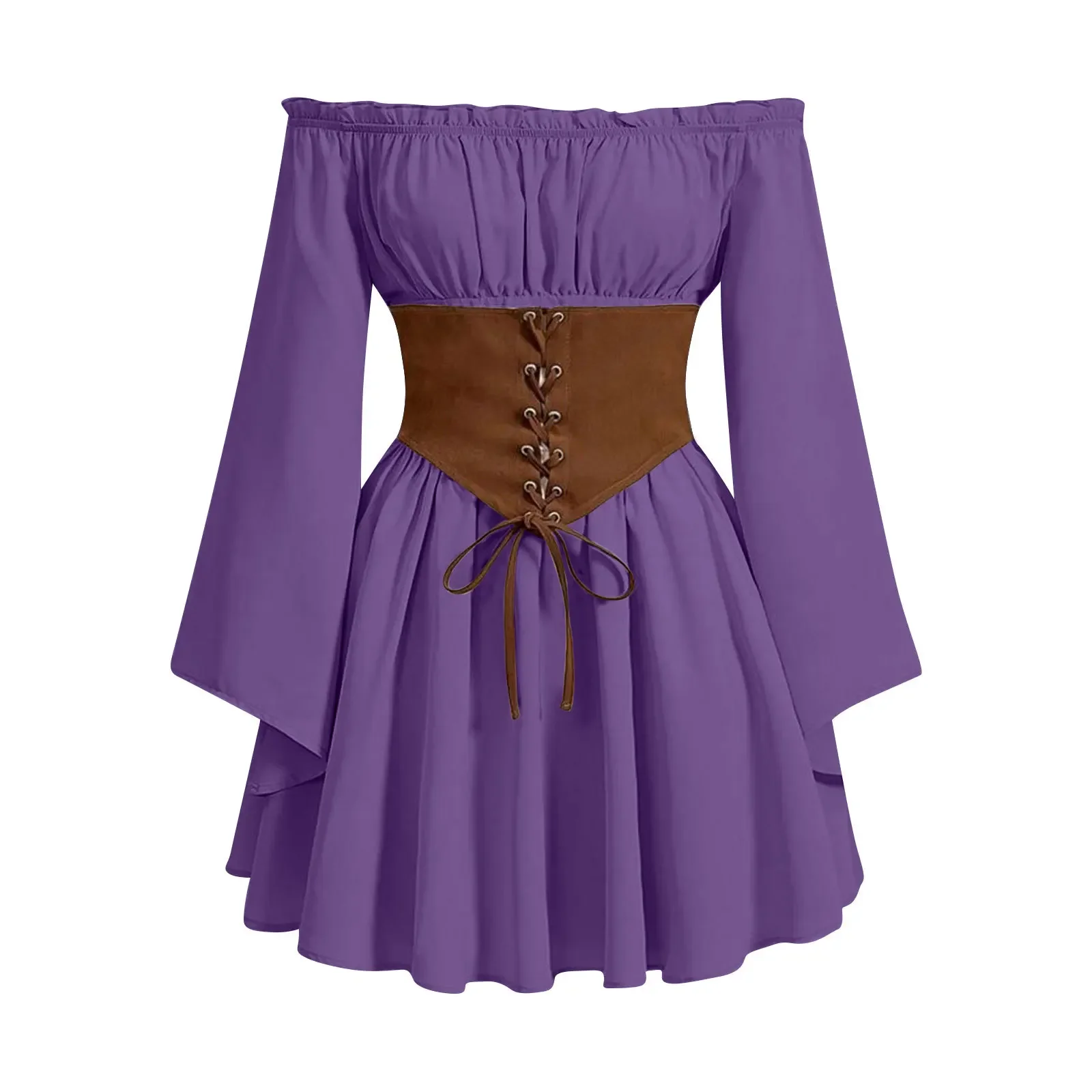 Women Rens Faire Cosplay Off Shoulder Mini Dress Medieval Renaissance Dress with Bell Sleeves Corset Waist Pixie Dress - Image 7