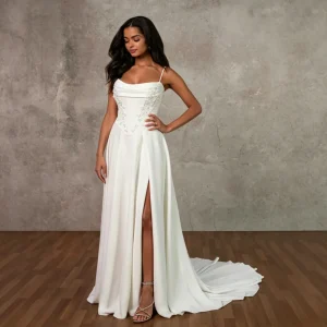 Sexy Satin Corset Wedding Dress Elegant Side Slit Design Shawl Bridal Gown for Beach Wedding