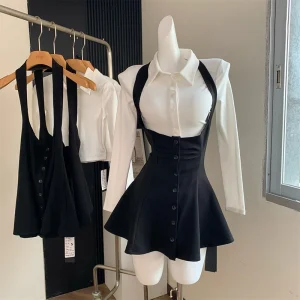Two Piece New Sexy Chic Halter Female Dresses Basic Polo Neck Fashion Button Shirt Slim Simple A-line XS-L Women Dress