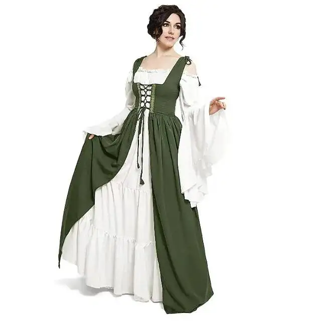 Medieval Court Style Long Sleeve Corset Dress with Off-Shoulder Batwing Sleeves and Flared Long Skirt - Image 26