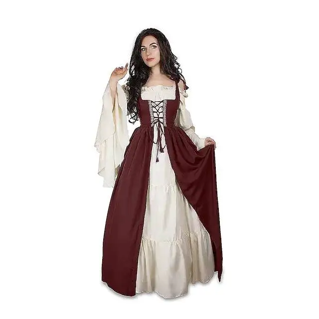 Medieval Court Style Long Sleeve Corset Dress with Off-Shoulder Batwing Sleeves and Flared Long Skirt - Image 19