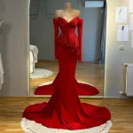 Red Mermaid Evening Dresses Lace Long Sleeve Wedding Party Dress Customized Flowers Corset Prom Gown Elegant Formal Vestidos