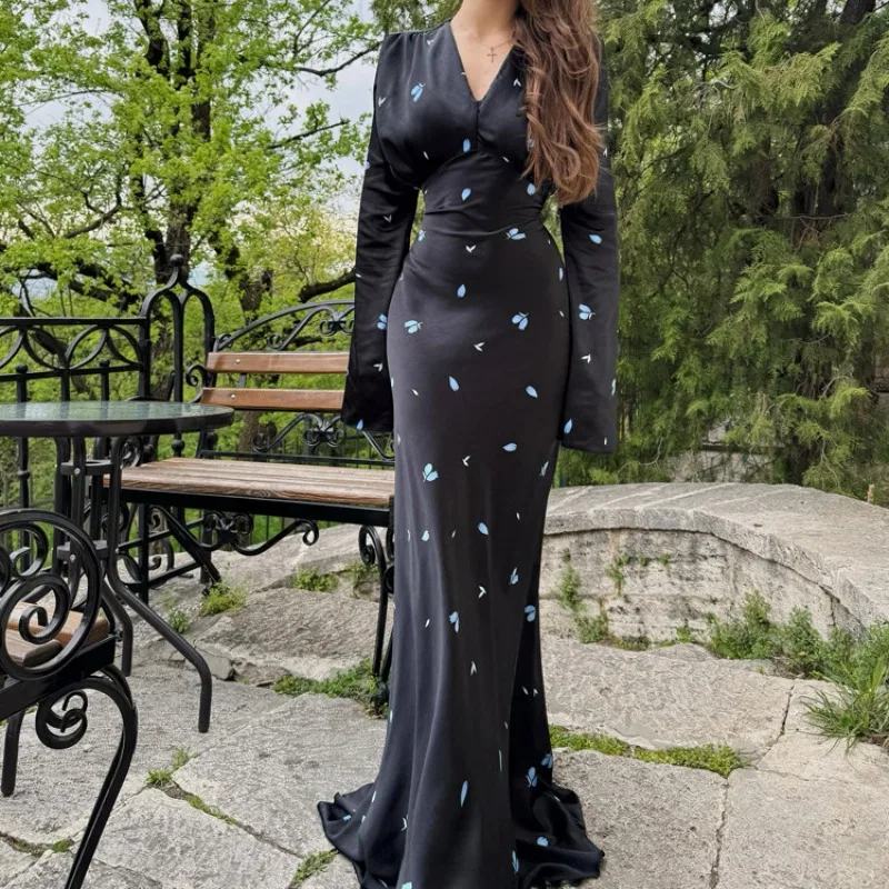 Floral Print Corset Party Evening Long Dress V Neck Ruched Waist Glossy Satin Swing Mermaid Guest Cocktail Maxi Dress - Image 12