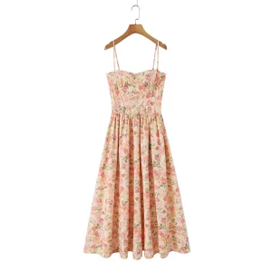Light Orange Floral Bra Corset Style Sling Dress Women Cross Lacing up Back Low Waist Ruched Swing Long Dresses Robe