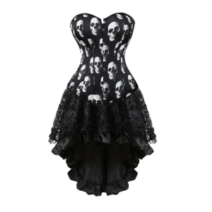 Corset Dress Satin Vintage Skull Corset Top Waist Cincher Bustier Gothic Asymmetrical Skirt Set Plus Size