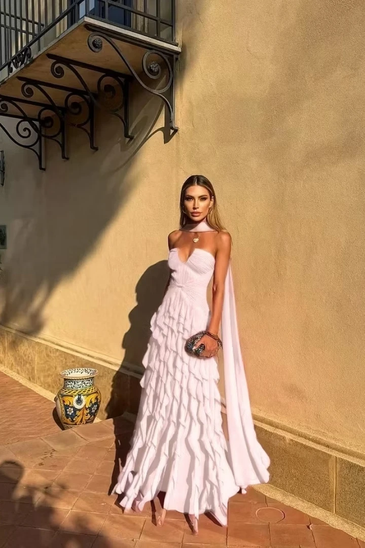 Long Train Evening Gown Sweetheart Multi Layer Ruffle Chiffon Maxi Dress Sexy Backless Flowing Ribbon Prom Dress - Image 9