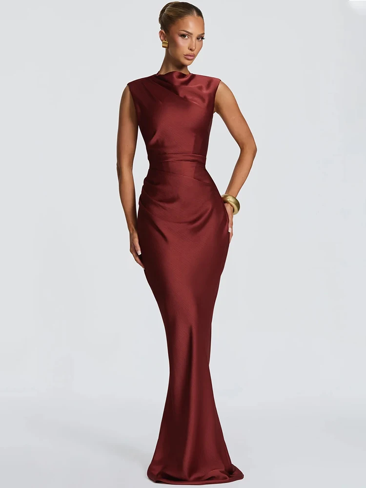 Satin Cowl Neck Mermaid Maxi Dress Women Elegant Sleeveless Draped Ruched Bodycon Long Evening Party Gown Vestidos - Image 3