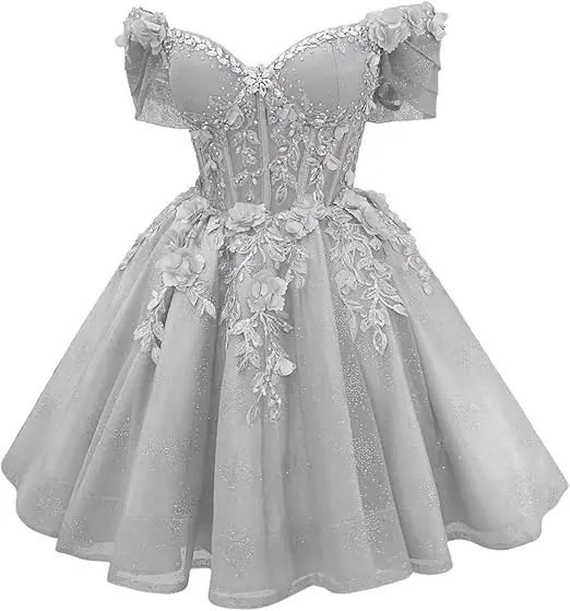 Robe de bal courte Celestia à corset et épaules dénudées, ornée de perles et de dentelle - Image 4